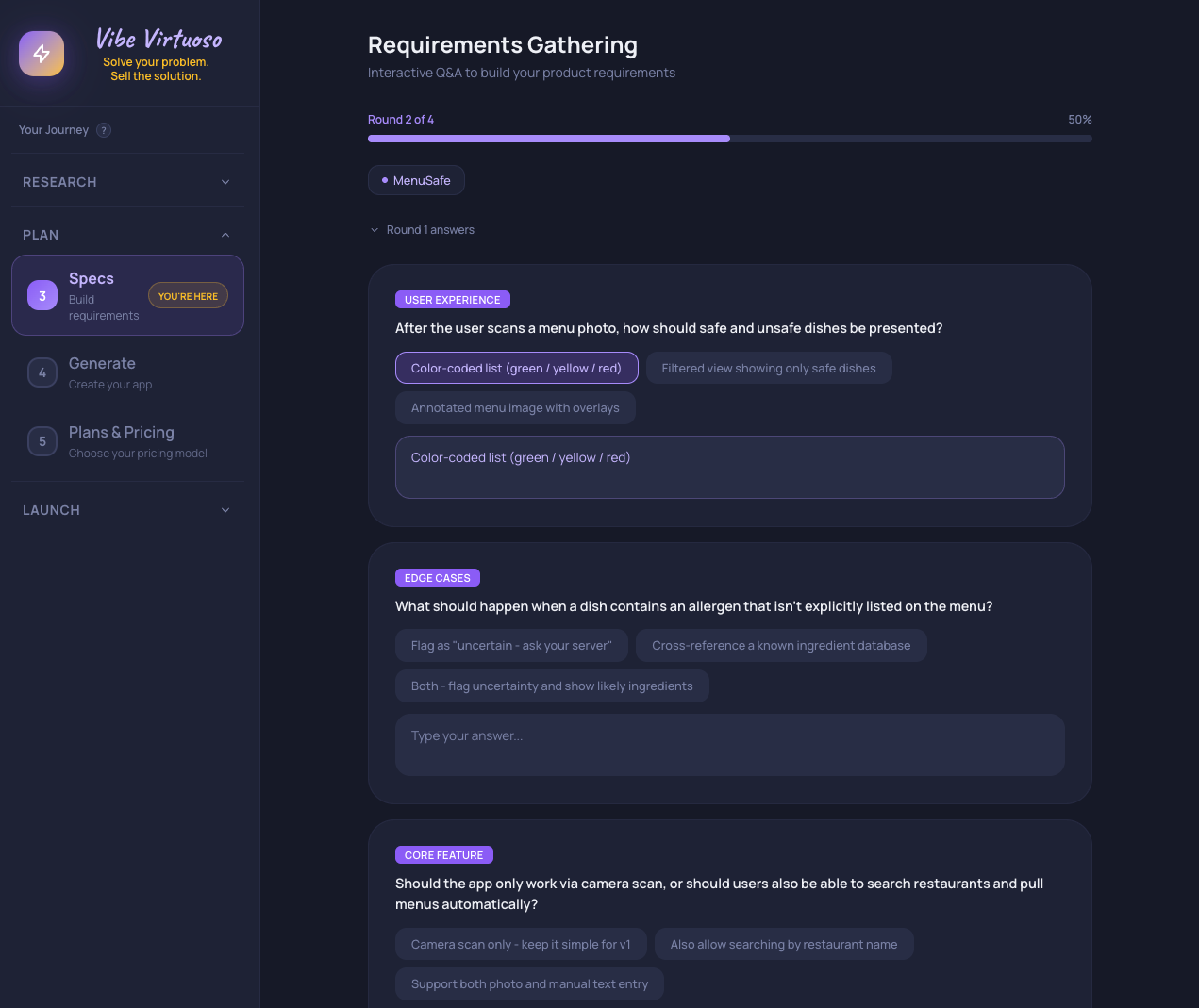 Vibe Virtuoso requirements gathering